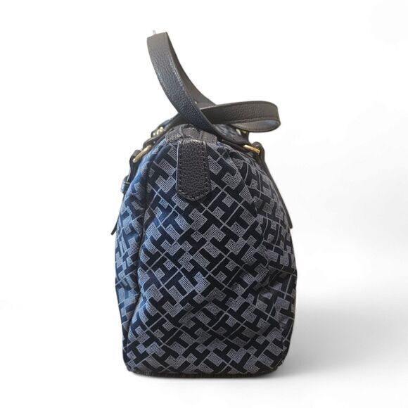 Tommy Hilfiger Navy Blue Monogram Fabric Faux Leather Trim Bag Nautical purse - Picture 3 of 7